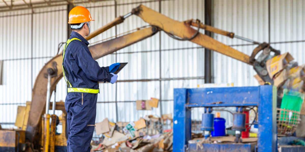 A recycling center employee assesses waste management risks.